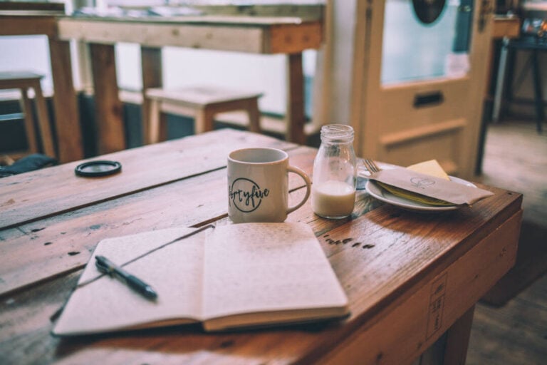 open notebook and a cup of coffee