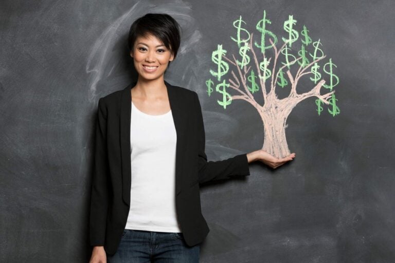 woman with chalk-drawn money tree