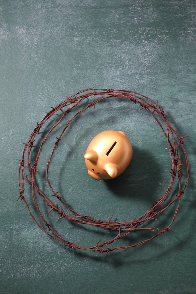 piggy bank surrounded by barbed wire